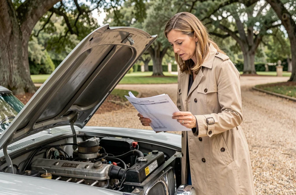 Femme vérifiant les numéros de moteur d'une BMW 507 d'occasion chez un collectionneur privé