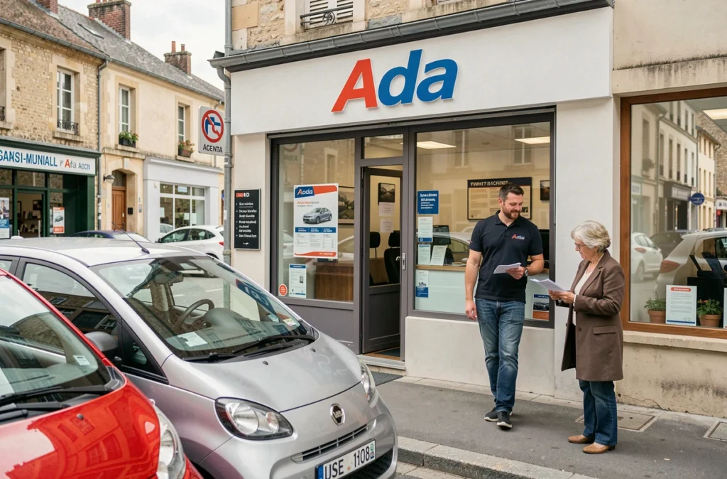 Agence Ada location de voitures avec agent accueillant une cliente devant des véhicules compacts disponibles