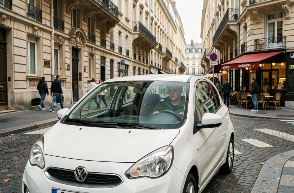 Un étudiant en auto-école effectuant un créneau dans une rue urbaine typique de Saint-Étienne pour Auto Ecole Impact II