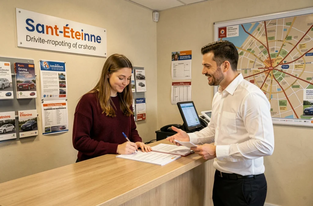 Une élève s'inscrivant à l'accueil de l'Auto Ecole Objectif à Saint-Étienne, accompagnée d'un conseiller pédagogique