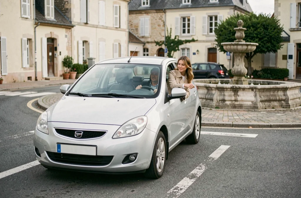Une conductrice en formation effectuant un rond-point à Saint-Galmier, illustrant l'Auto École Du Rond Point