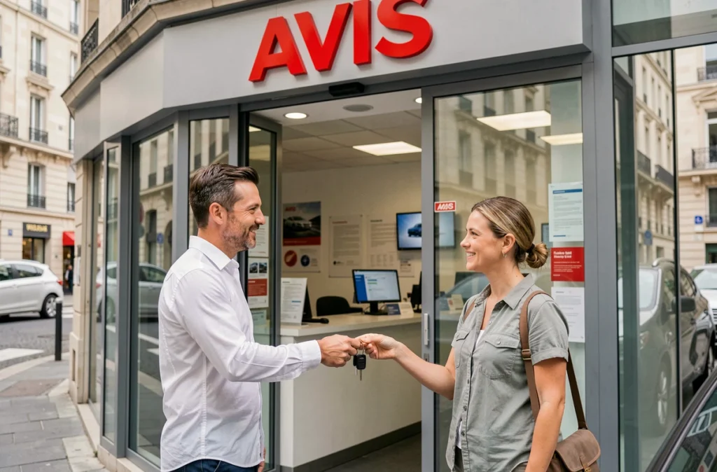 Agence Avis location de voitures avec employé remettant les clés à une cliente souriante