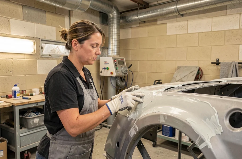 Carrossière appliquant du mastic sur une portière dans l'atelier de la Carrosserie des Ormeaux à Montagnat