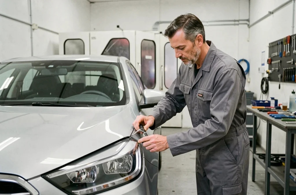 Technicien carrossier inspectant la carrosserie d'une berline argentée à l'atelier Carrosserie Vinet à Grilly