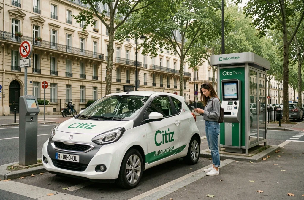 Station Citiz Tours Autopartage avec une utilisatrice déverrouillant un véhicule partagé via smartphone