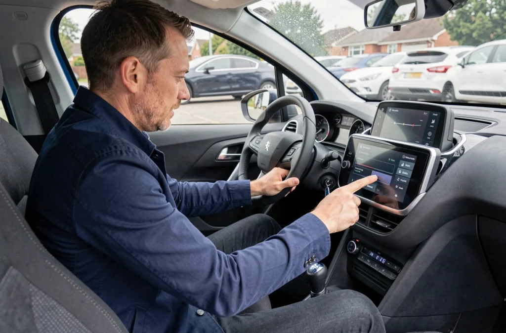Conducteur ajustant les réglages du tableau de bord de la Peugeot 208 via l'écran tactile central