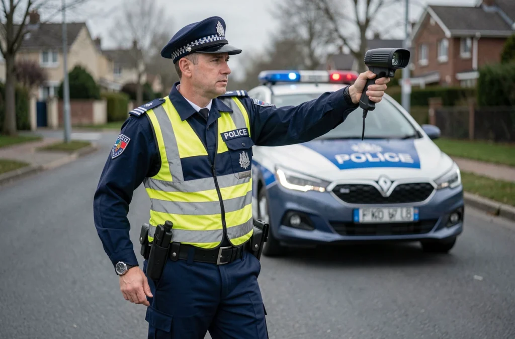 Policier en uniforme contrôlant la vitesse avec un radar au bord d'une route suburbaine française