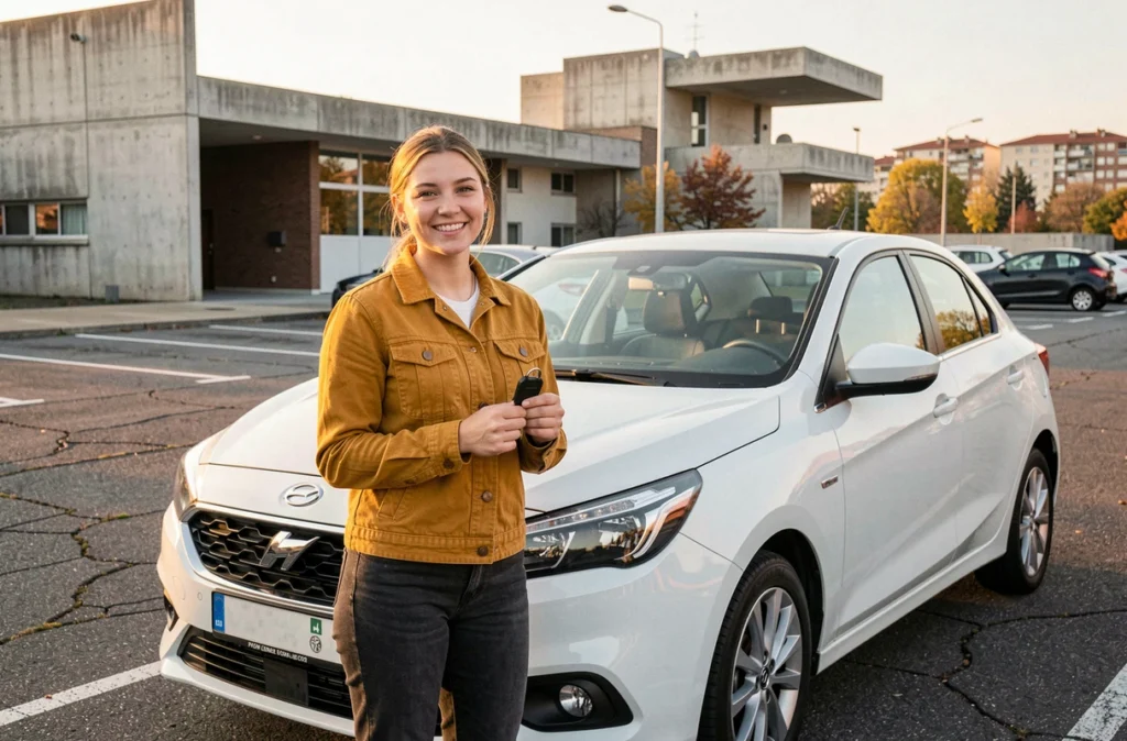 Une étudiante souriante tenant les clés d'une voiture d'auto-école devant les bâtiments caractéristiques de Firminy, pour Cool Conduite 3