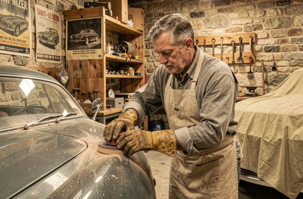 Spécialiste en rénovation ponçant la carrosserie d'un véhicule ancien dans l'atelier DF Rénov Auto à Saint-Nizier-le-Désert