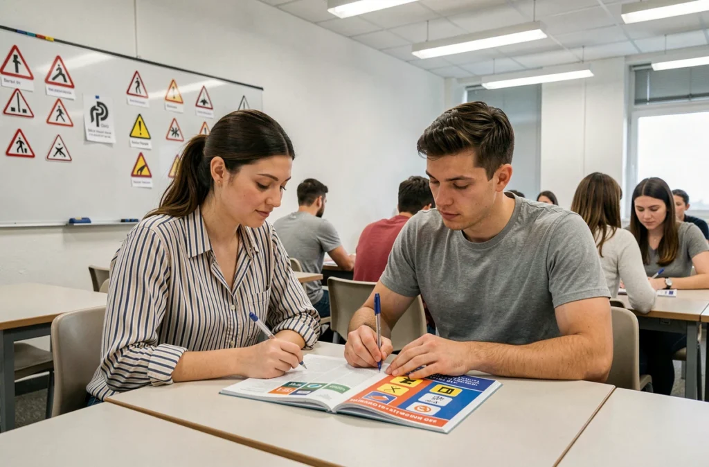 Des élèves révisant le code de la route en salle de cours chez Driving School Main Street à Saint-Étienne