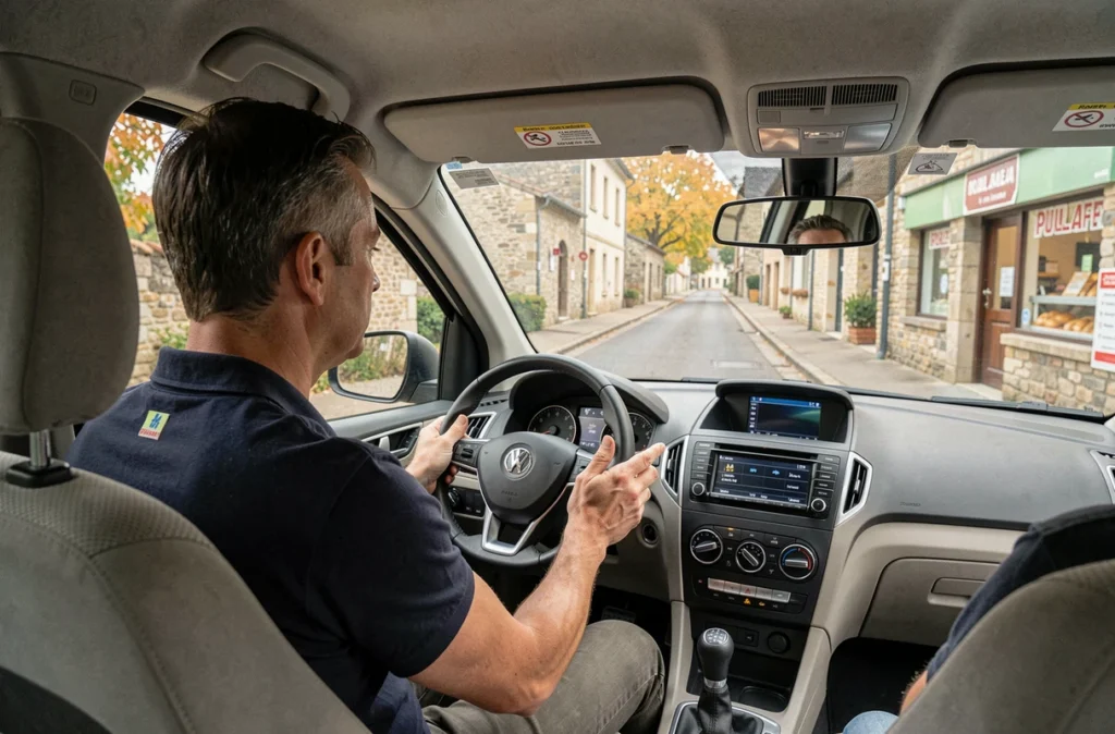 Un moniteur d'auto-école pédagogue guidant un élève au volant dans les rues du village de Boen, pour l'école de conduite Alliance
