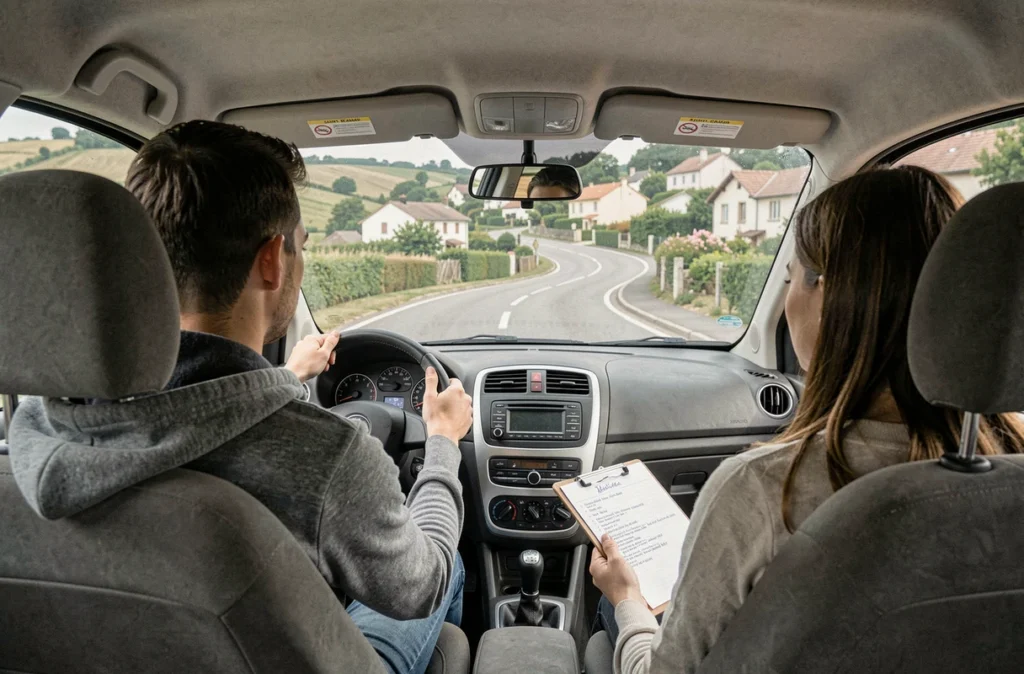 Un jeune homme apprenant à conduire sur une route de Saint-Héand, accompagné de son moniteur de l'école de conduite Libération