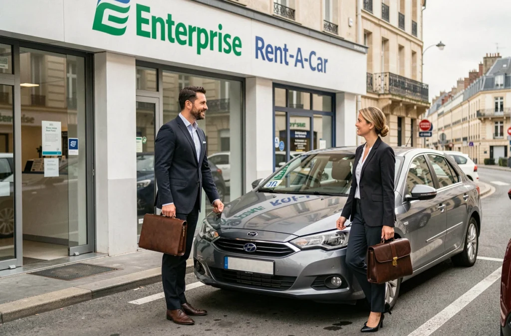 Agence Enterprise Rent-A-Car avec un conseiller accompagnant une cliente professionnelle vers un véhicule en location