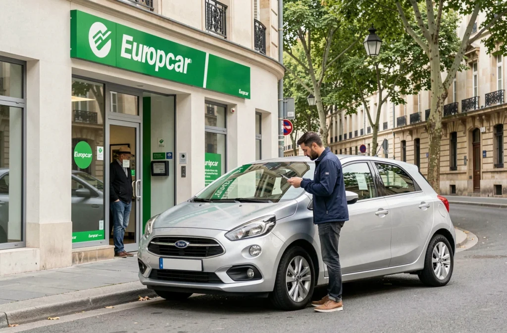 Agence Europcar avec un client inspectant un véhicule compact avant sa location