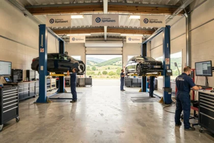 Vue panoramique d'un garage automobile professionnel dans l'Ain avec plusieurs véhicules en révision et mécaniciens au travail
