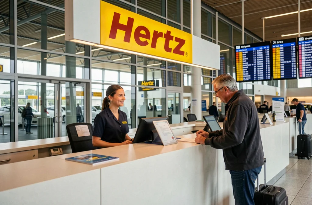 Comptoir Hertz dans un aéroport régional français avec employée et client en train de finaliser une réservation