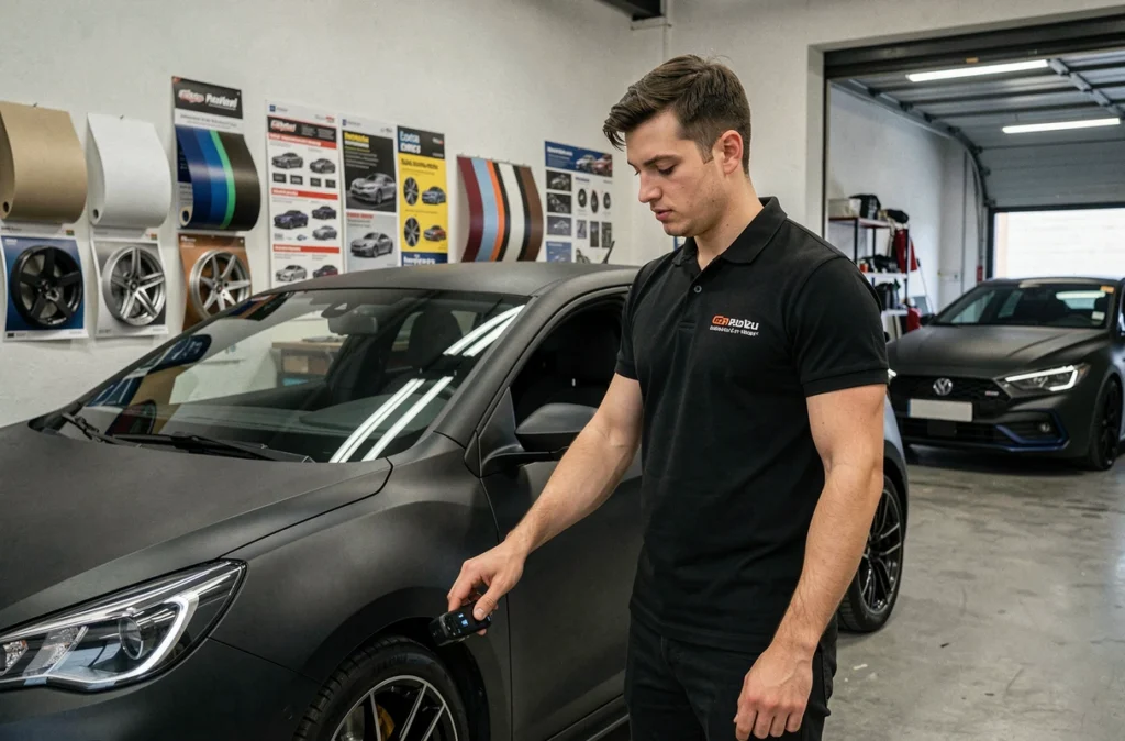 Préparateur automobile examinant un véhicule à carrosserie mate dans l'atelier Influence Auto à Ambérieu-en-Bugey
