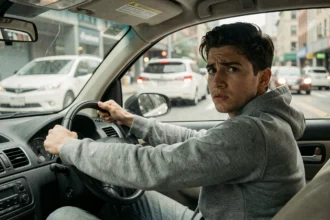 Jeune conducteur en période probatoire au volant d'une voiture en ville, regard inquiet vers le rétroviseur