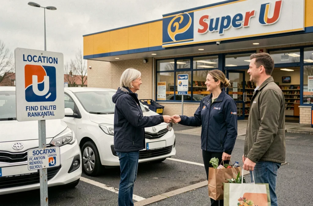 Service de location Location Super U avec une employée remettant les clés d'un véhicule à un client devant le supermarché