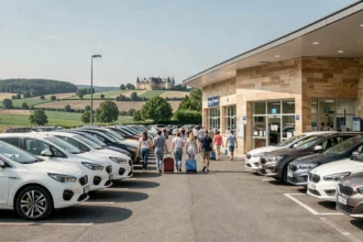 Agence de location de voitures en Centre-Val de Loire avec véhicules alignés et paysage de la Loire en arrière-plan