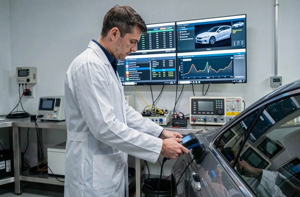 Technicien en électronique embarquée connectant un scanner OBD à un véhicule dans l'atelier M-Tech Solution à Péronnas