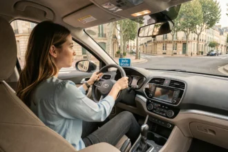 Une jeune conductrice en auto-école dans la Loire, assise au volant d'une voiture double commande, concentrée sur la route dans un contexte urbain français