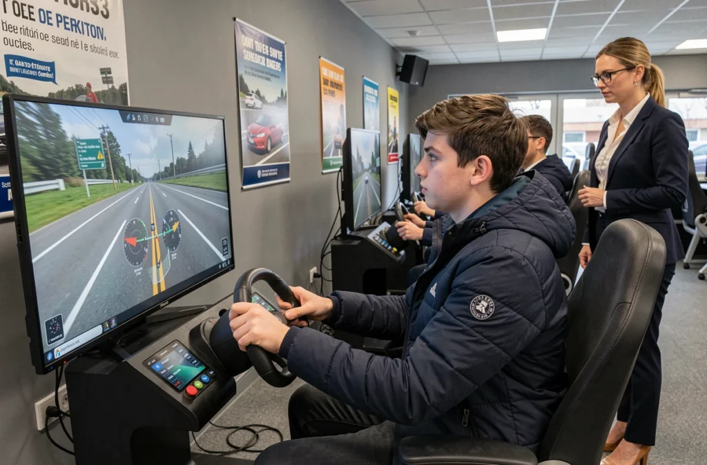 Un élève utilisant un simulateur de conduite moderne dans les locaux de Perfect Permis à Saint-Étienne
