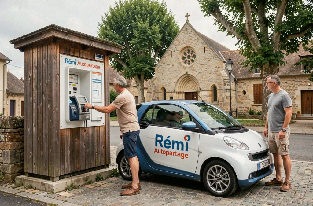 Station Rémi Autopartage dans un village de la Loire avec un utilisateur récupérant un véhicule partagé