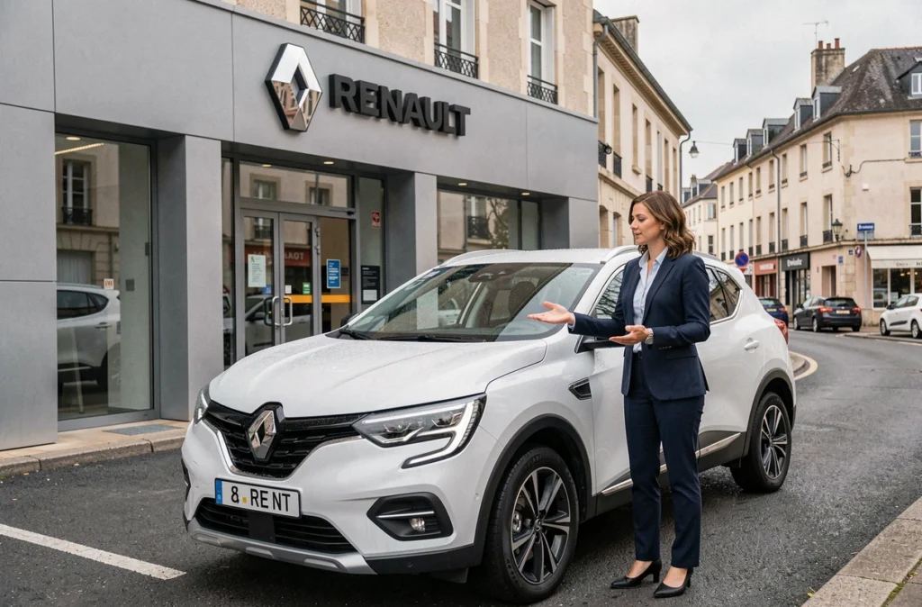 Agence Renault Rent avec conseillère présentant un SUV blanc prêt à la location