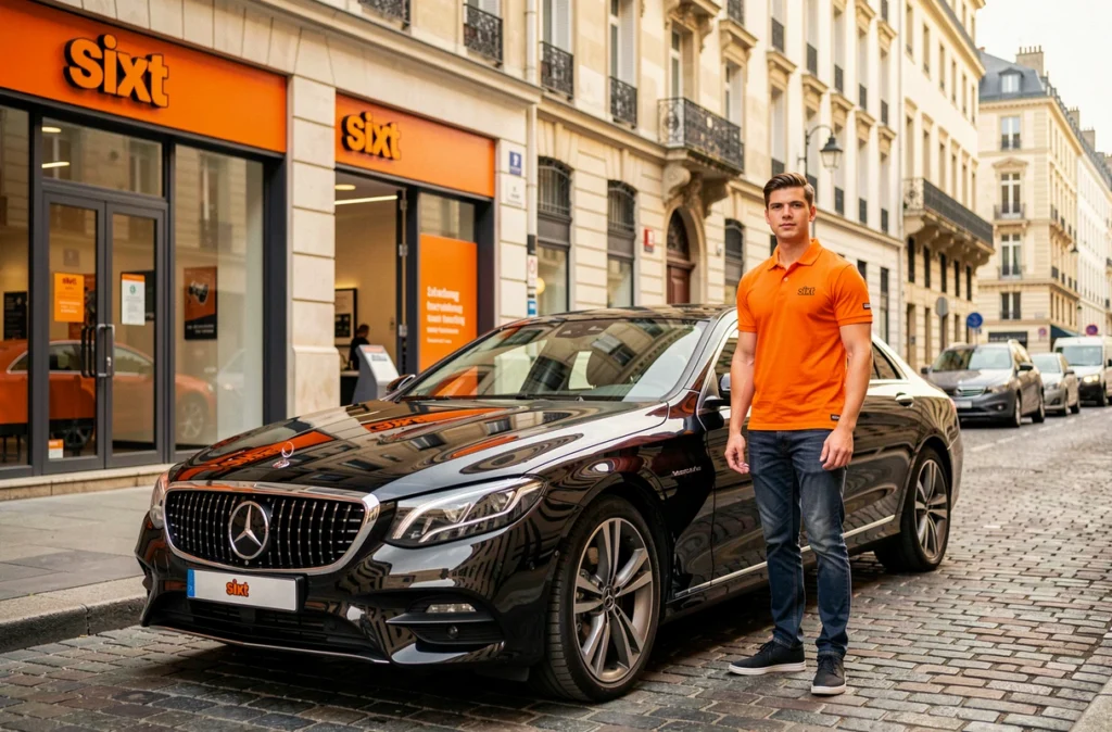 Agence Sixt avec employé en uniforme orange et berline premium noire devant une rue française