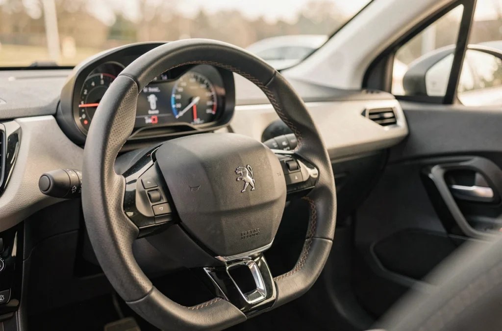 Volant i-Cockpit et instrumentation numérique surélevée de la Peugeot 208 en situation de conduite