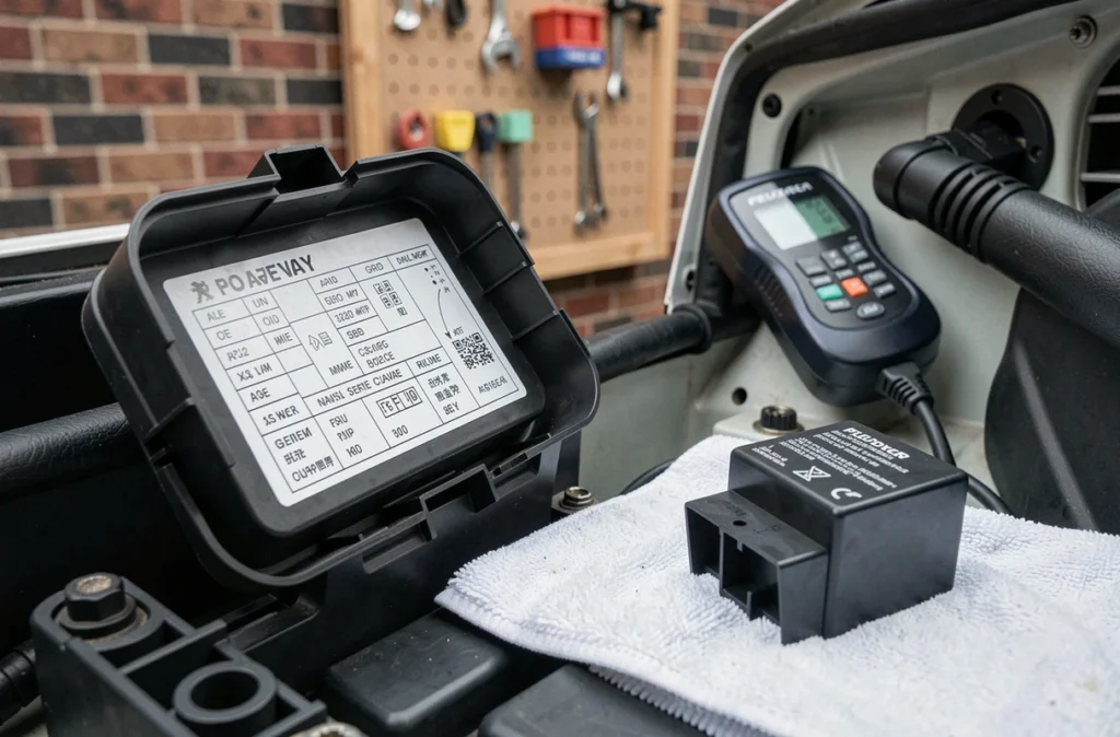 Boîtier de fusibles et relais ouvert sur une Peugeot avec un relais retiré et un scanner OBD2 connecté pour résoudre le code erreur P1351