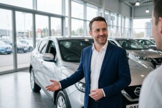 Concessionnaire Nissan présentant un Qashqai d'occasion à l'intérieur d'un showroom moderne