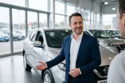 Concessionnaire Nissan présentant un Qashqai d'occasion à l'intérieur d'un showroom moderne