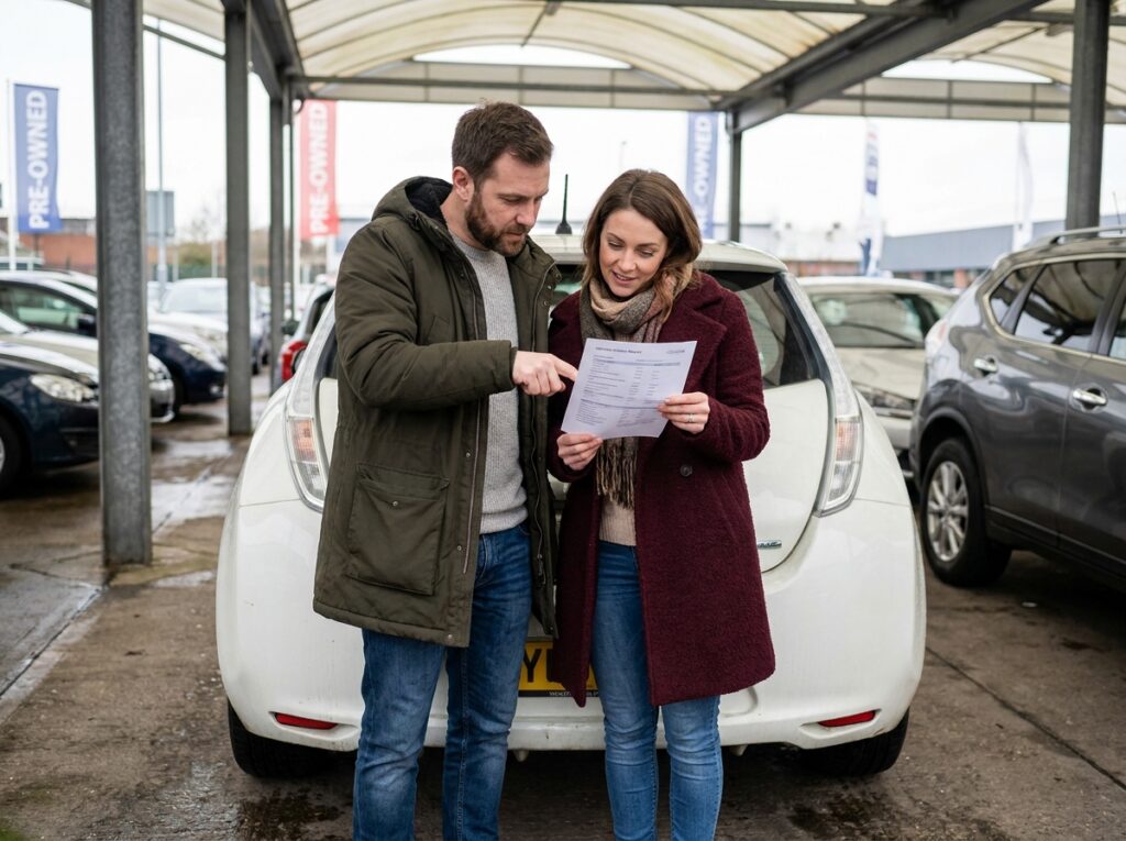 Couple consultant l'historique d'un Nissan Leaf d'occasion dans un parking de concessionnaire