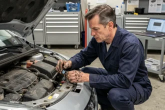 Technicien automobile inspectant un relais défectueux dans le compartiment moteur d'une Peugeot pour diagnostiquer le code DTC P1351