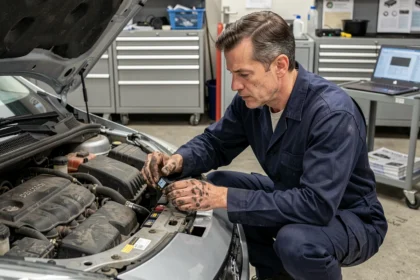 Technicien automobile inspectant un relais défectueux dans le compartiment moteur d'une Peugeot pour diagnostiquer le code DTC P1351