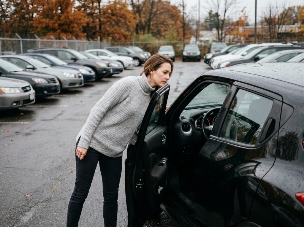 Femme inspectant l'intérieur d'un Nissan Juke d'occasion dans un parc de véhicules en plein air