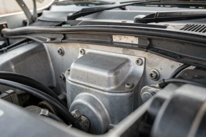 Plaque constructeur métallique fixée dans le compartiment moteur d'une voiture